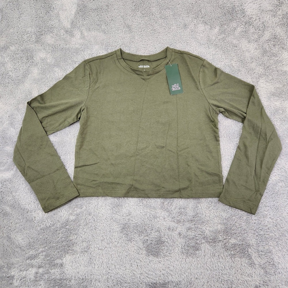 Wild Fable LS Value Tee Womens S Olive Green Long Sleeve Crew Neck Cotton Crop